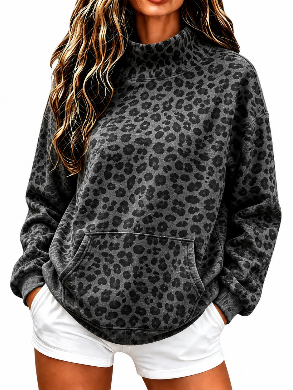 European And American Women's Fashion New Leopard Print High-neck Sweatshirt, Autumn And