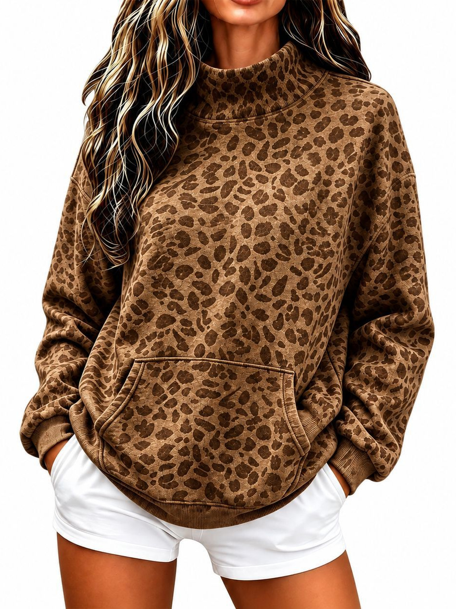 European And American Women's Fashion New Leopard Print High-neck Sweatshirt, Autumn And