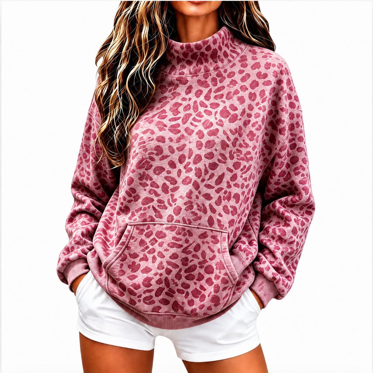 European And American Women's Fashion New Leopard Print High-neck Sweatshirt, Autumn And