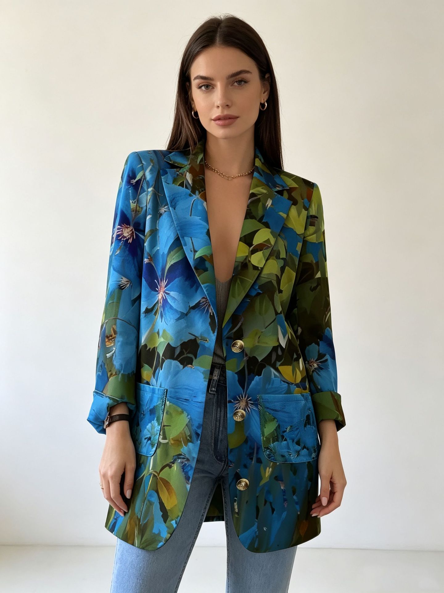 Abrigo nuevo para mujer europea y americana, estampado floral, botonadura sencilla, ceñido a la cintura