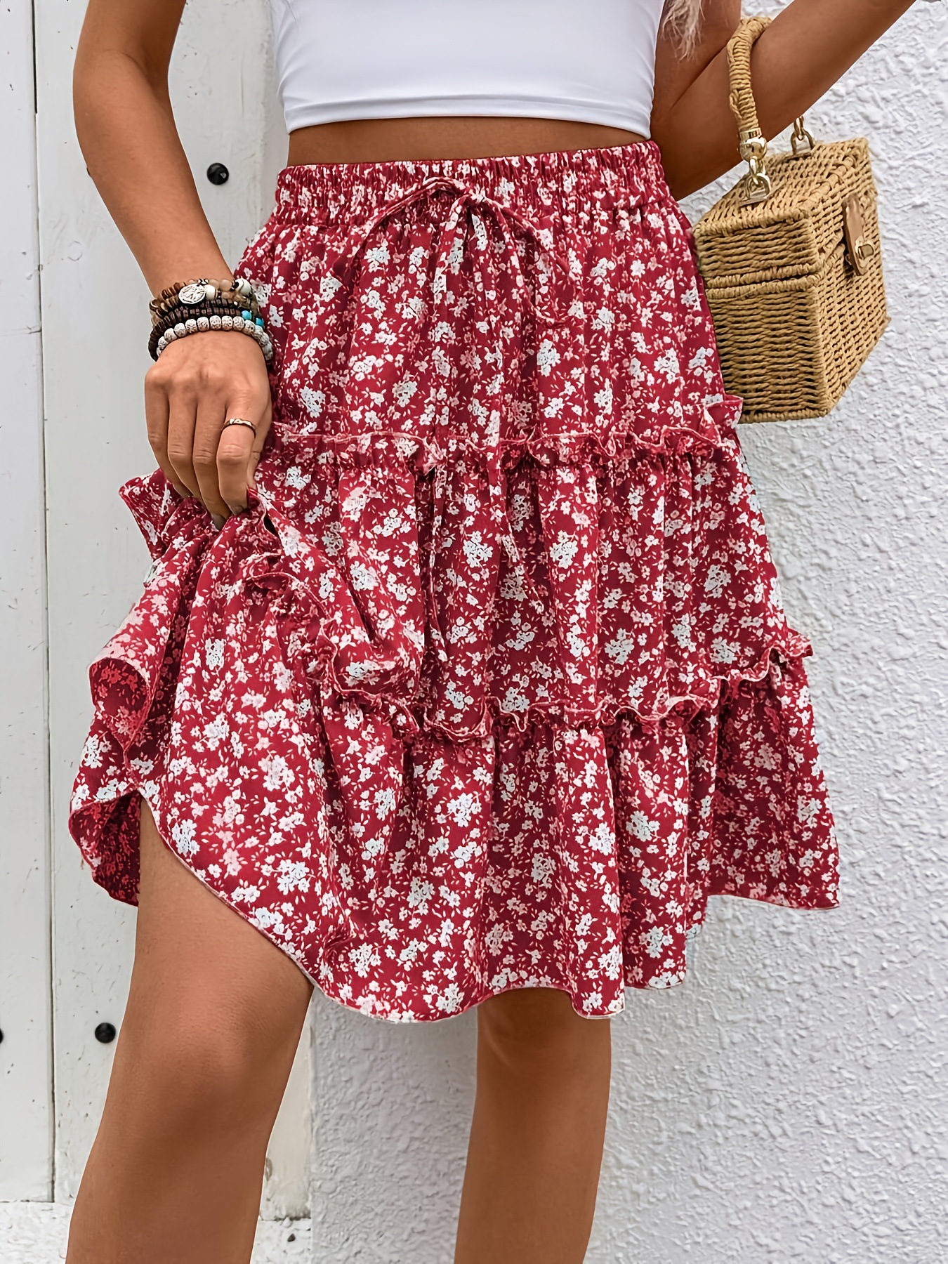 European And American Womens Skirt With Ruffled Hem And Floral Print