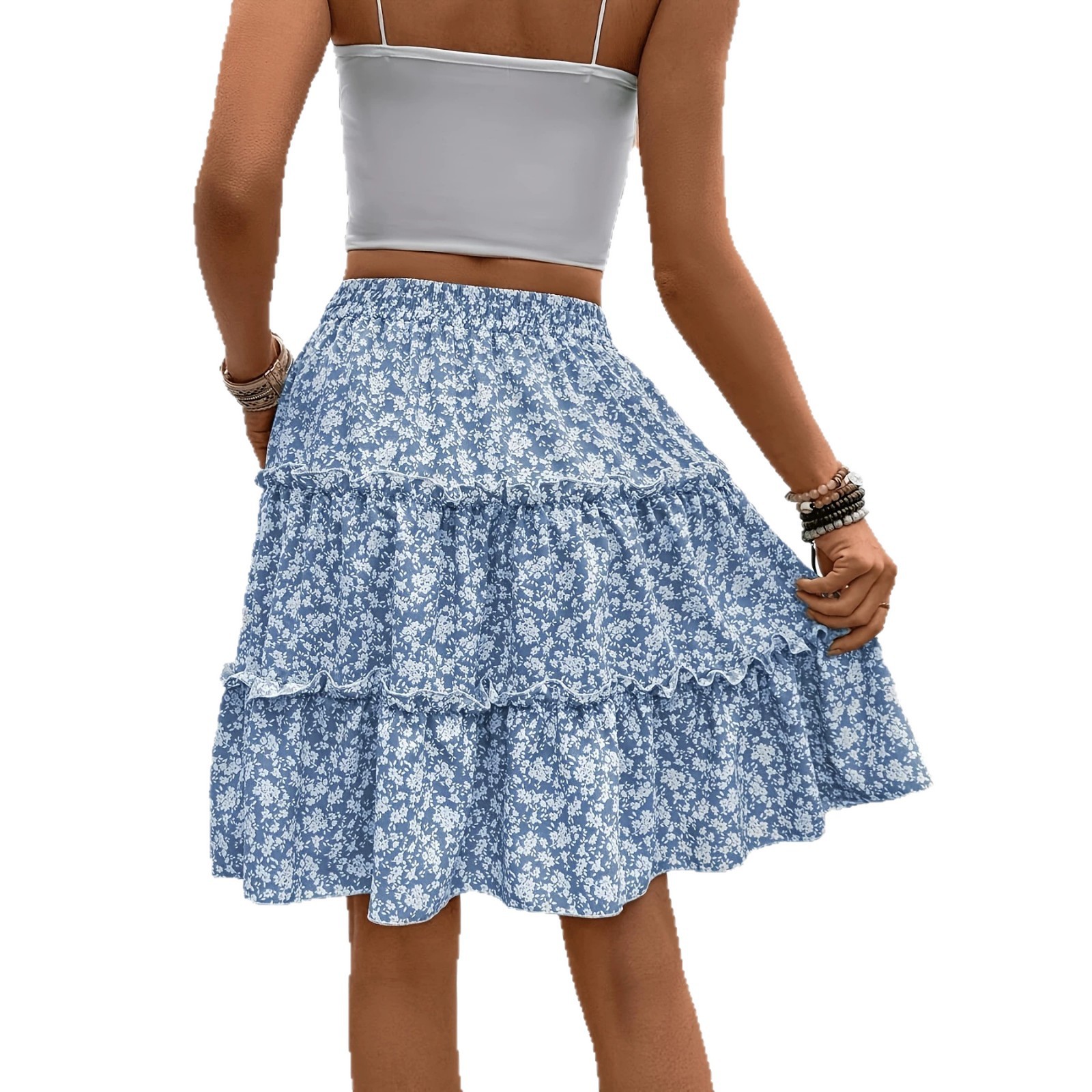 European And American Womens Skirt With Ruffled Hem And Floral Print