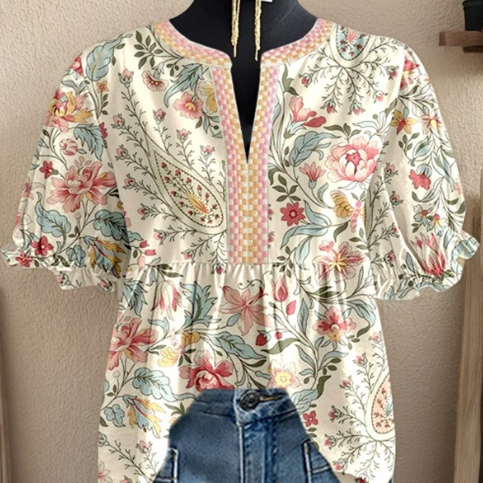 European And American Womens V-neck Ruffled-sleeve Short Sleeve