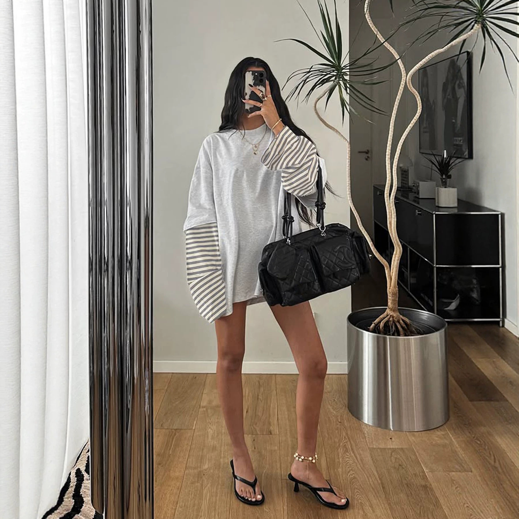 Fake Two-piece Color-block Long-sleeve Top Striped T-shirt