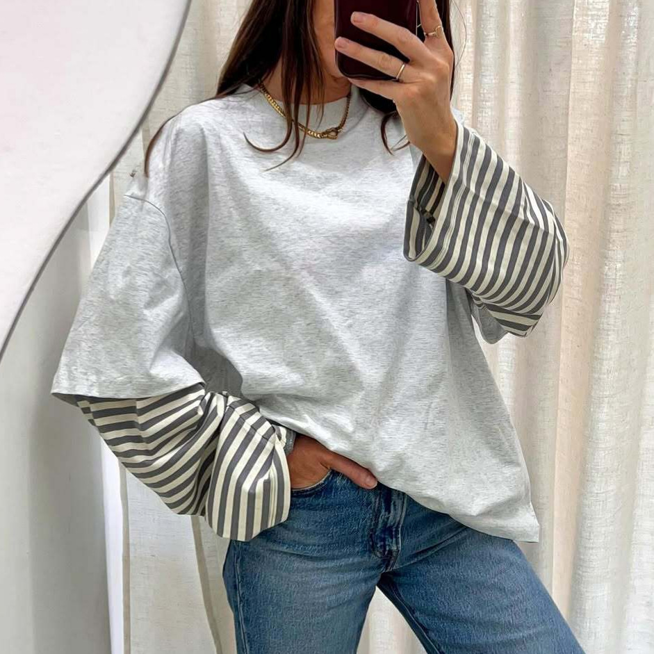 Fake Two-piece Color-block Long-sleeve Top Striped T-shirt