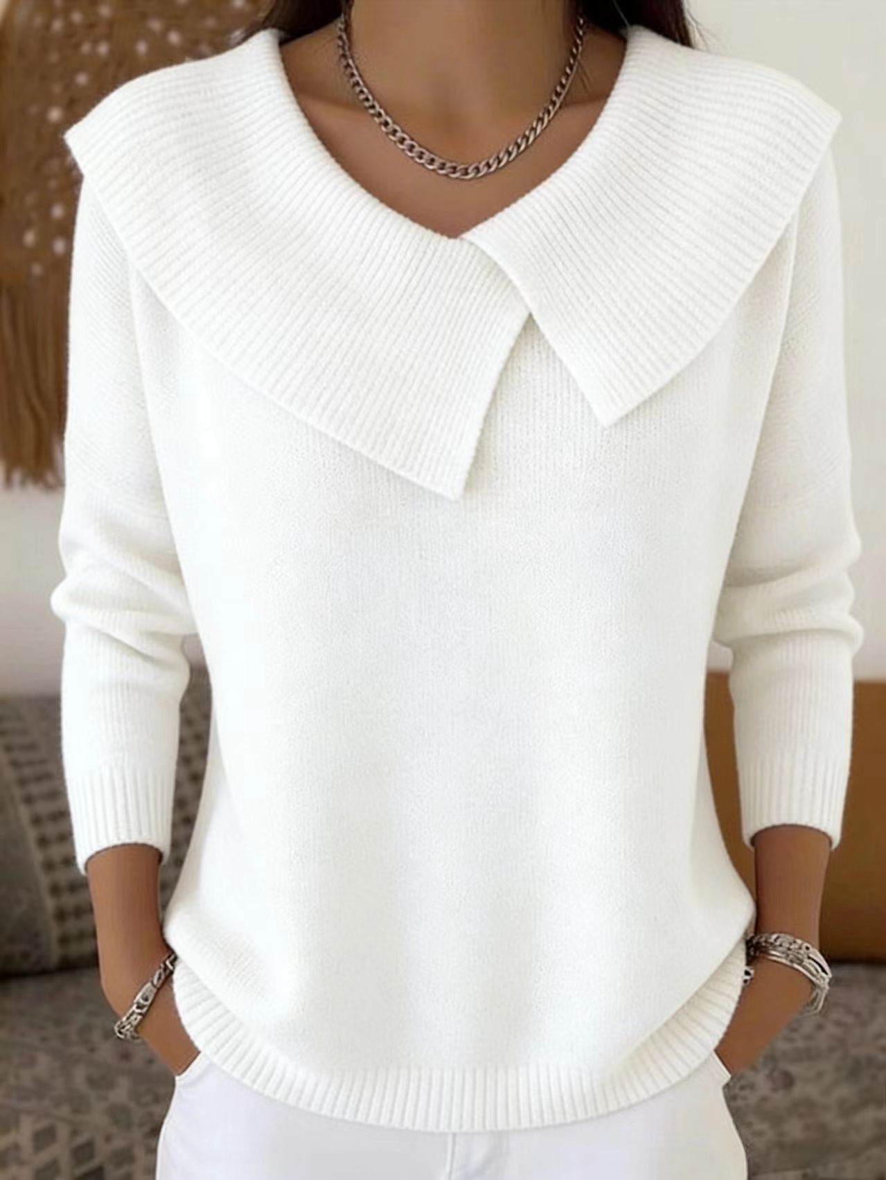 Moda coreano retro temperamento brincalhão fino lapela camisola de malha temperamento preguiçoso