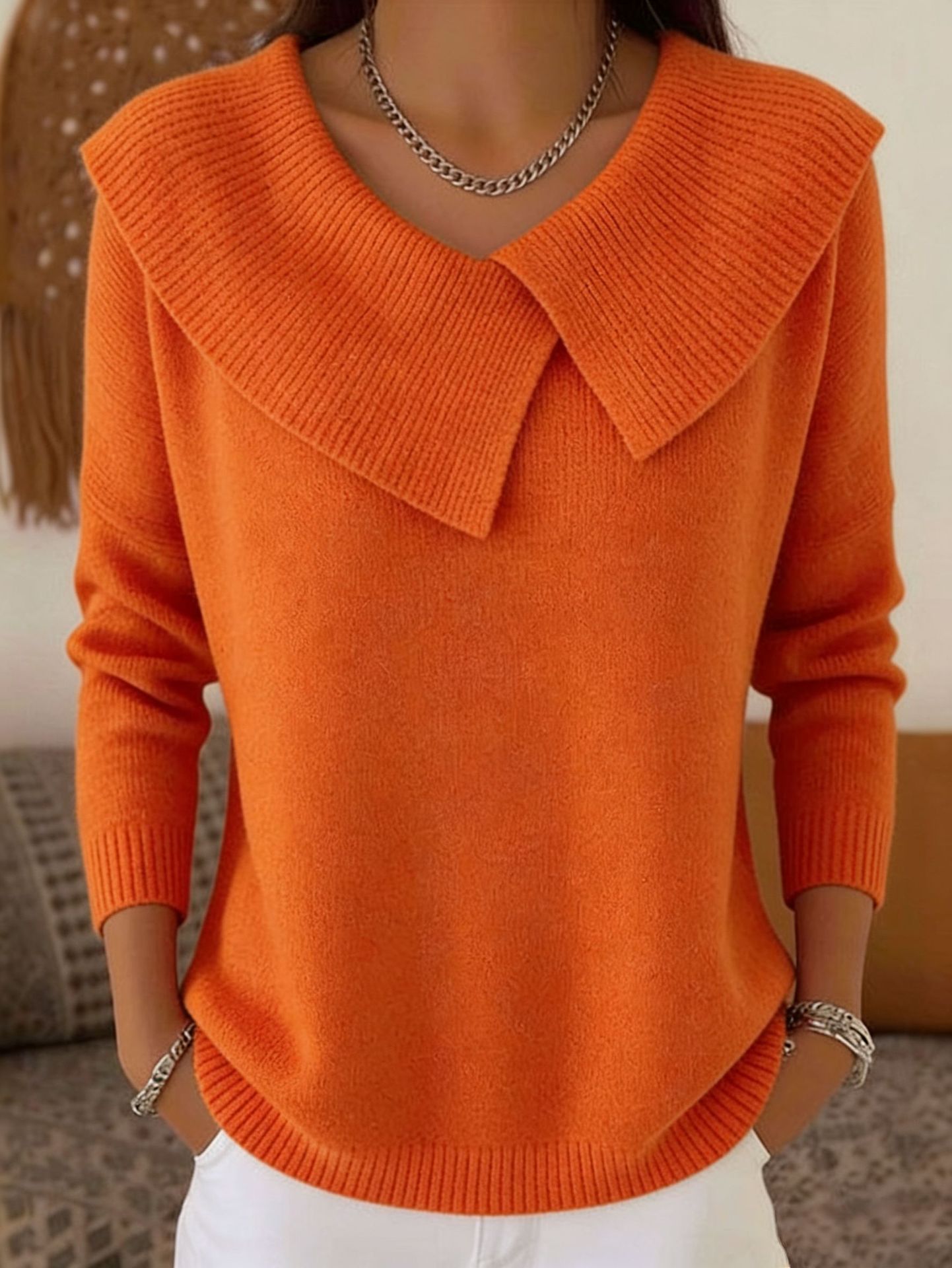 Moda coreano retro temperamento brincalhão fino lapela camisola de malha temperamento preguiçoso