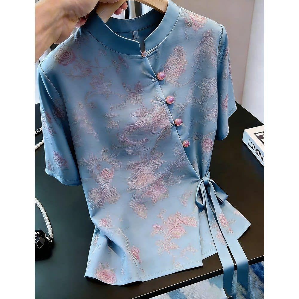 Fashion Lace-up Short Sleeve Shirt Yellow Elegant Retro Cool Top