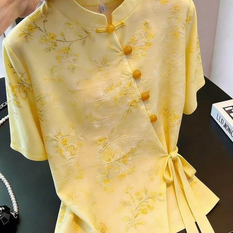 Fashion Lace-up Short Sleeve Shirt Yellow Elegant Retro Cool Top
