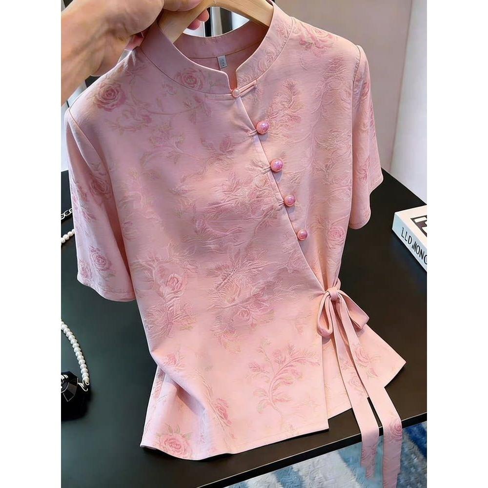 Fashion Lace-up Short Sleeve Shirt Yellow Elegant Retro Cool Top