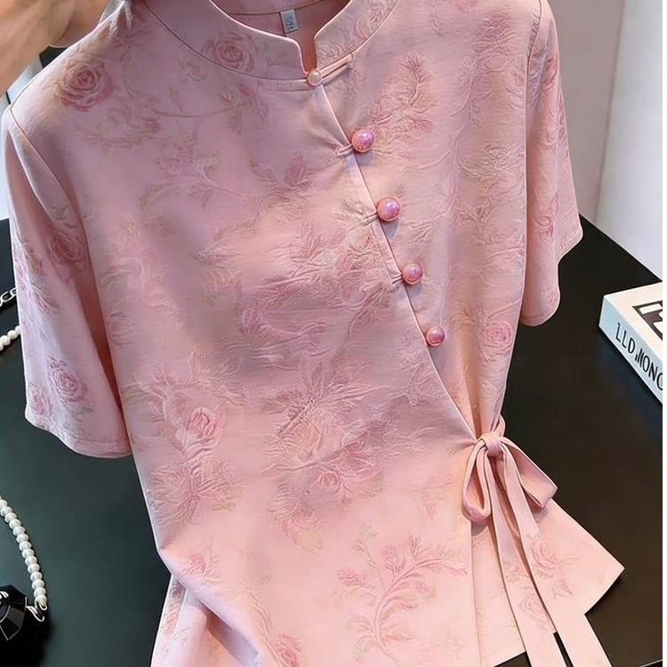 Fashion Lace-up Short Sleeve Shirt Yellow Elegant Retro Cool Top