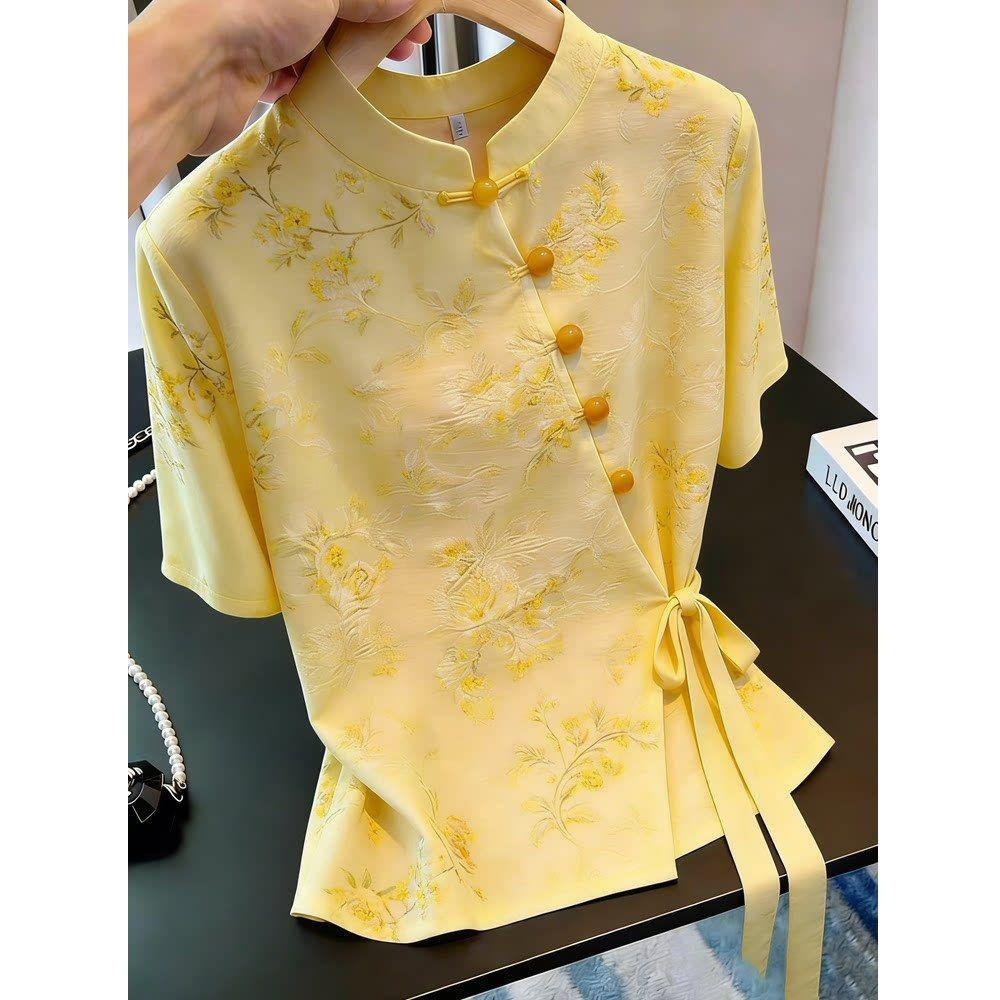 Fashion Lace-up Short Sleeve Shirt Yellow Elegant Retro Cool Top