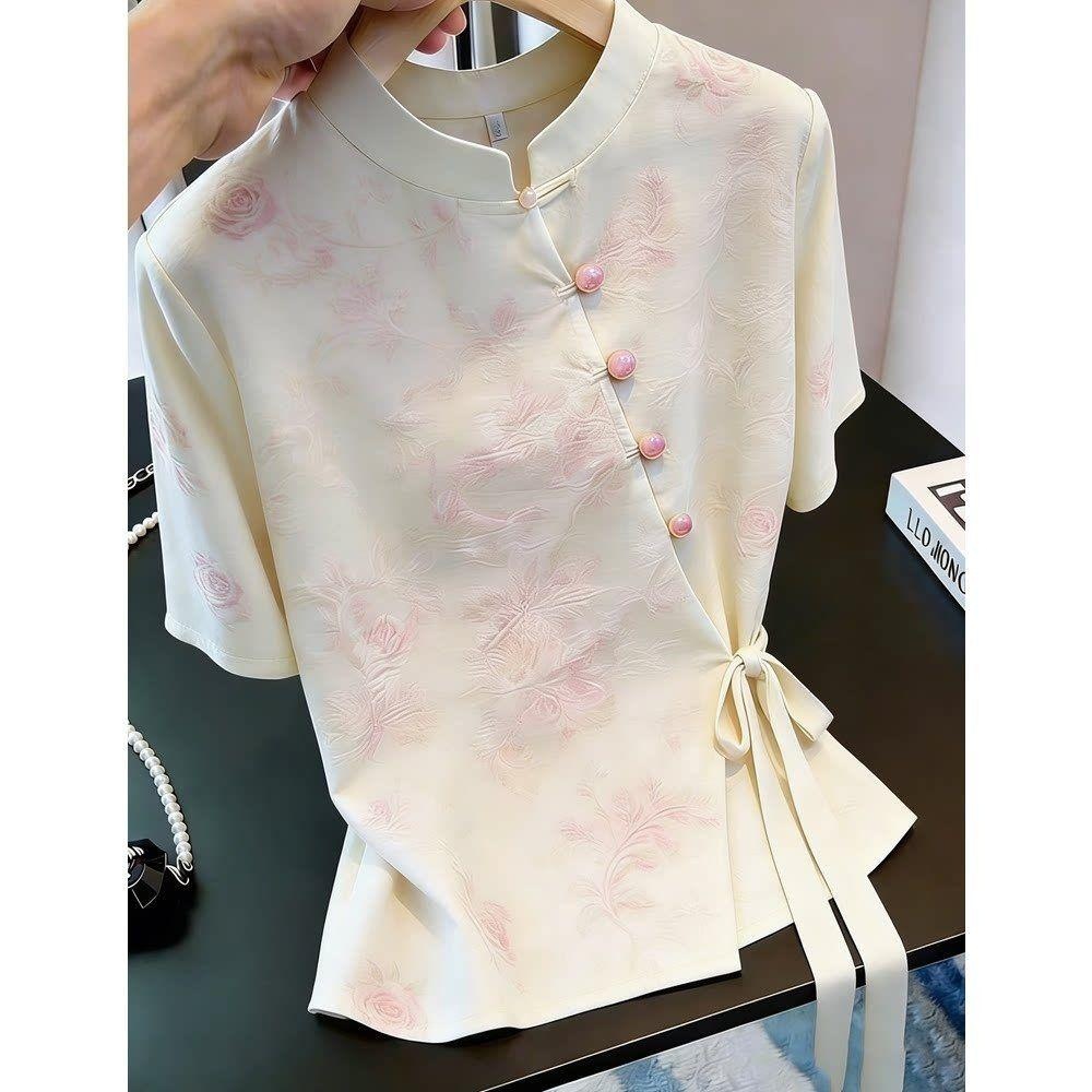 Fashion Lace-up Short Sleeve Shirt Yellow Elegant Retro Cool Top