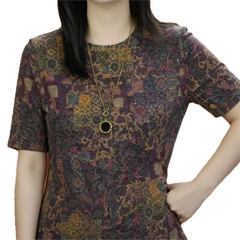 Fashionable Casual Loose-fit Versatile Retro-print Round-neck Short Sleeves