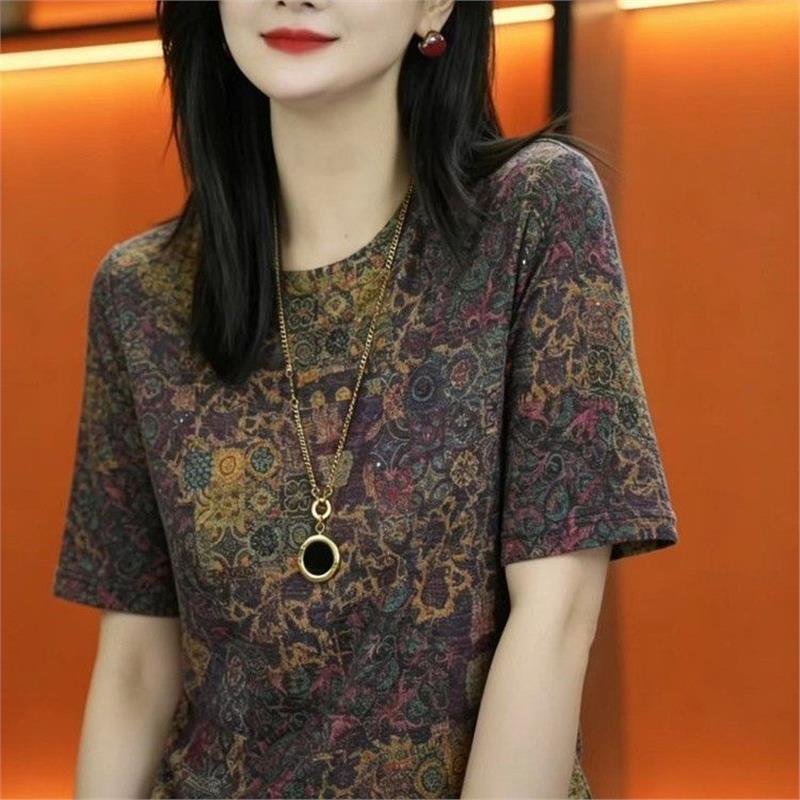 Fashionable Casual Loose-fit Versatile Retro-print Round-neck Short Sleeves