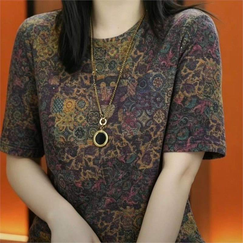 Fashionable Casual Loose-fit Versatile Retro-print Round-neck Short Sleeves