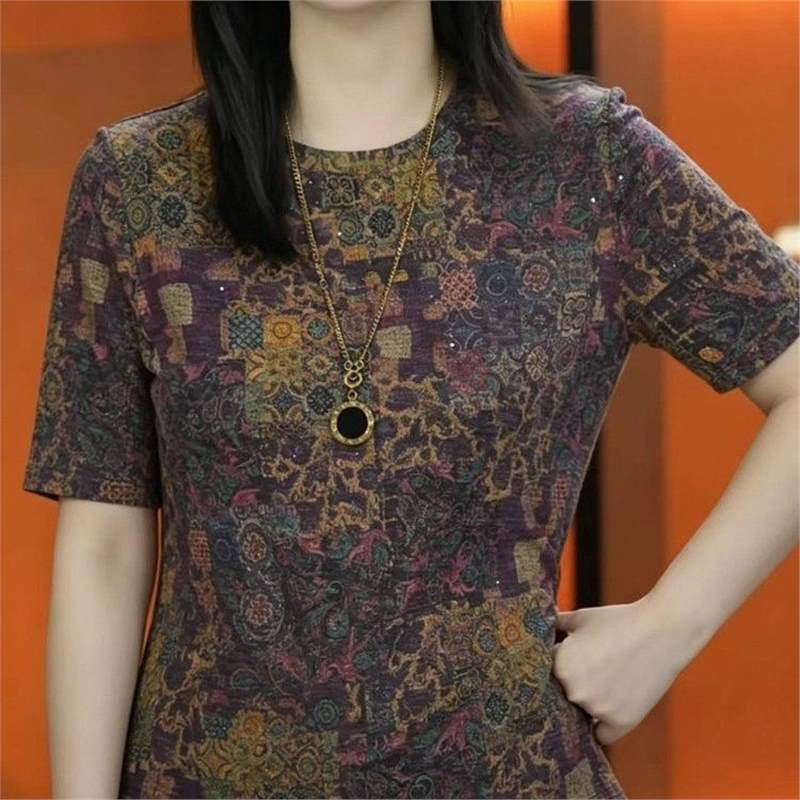 Fashionable Casual Loose-fit Versatile Retro-print Round-neck Short Sleeves