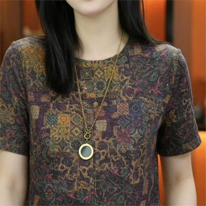 Fashionable Casual Loose-fit Versatile Retro-print Round-neck Short Sleeves