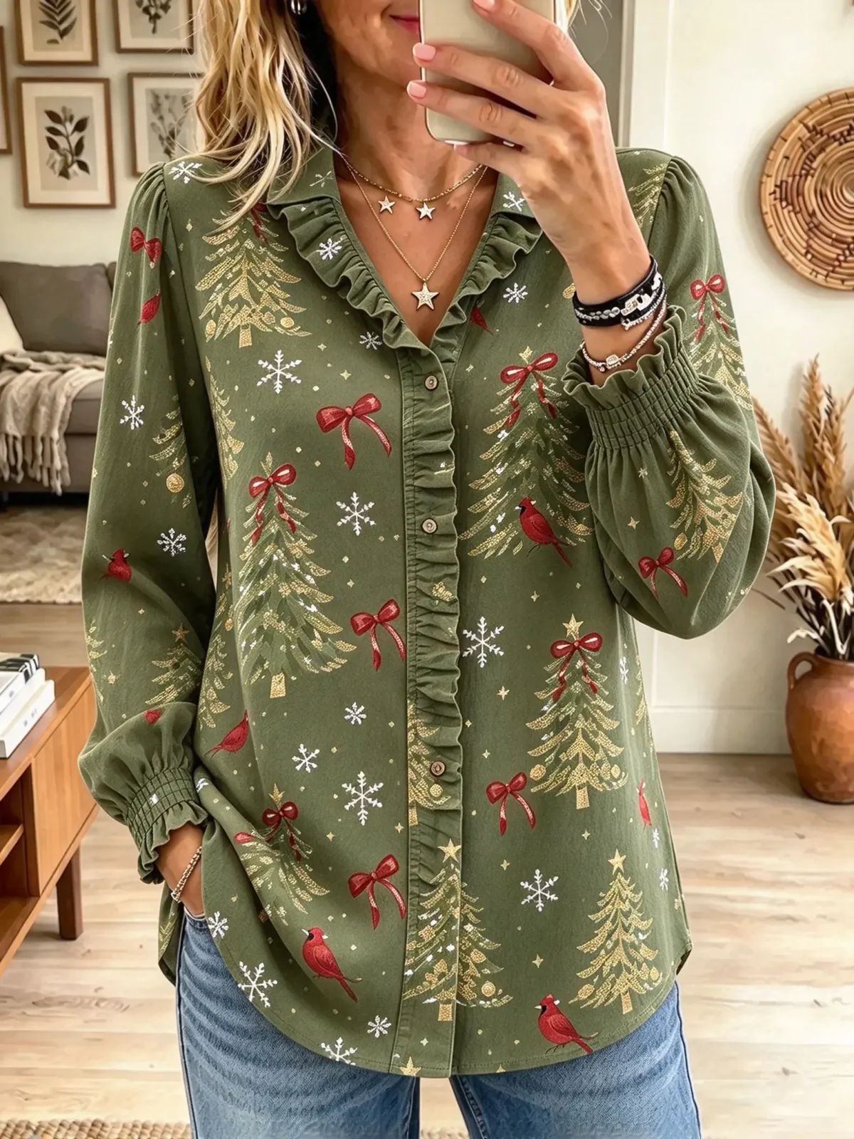 Fashionable Christmas Tree Print Casual Top