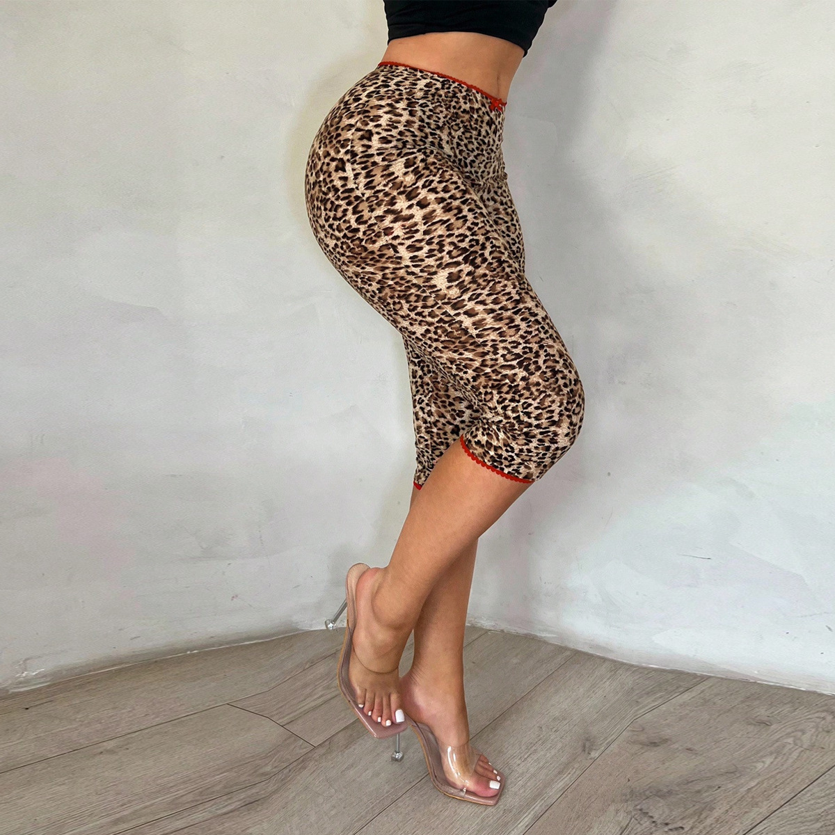 Fashionable Trendy High-Waist Slim-Fit Leopard-Print Casual Cropped Trousers