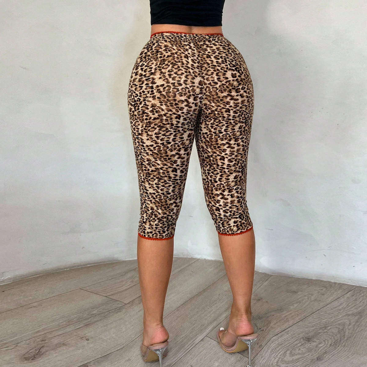 Fashionable Trendy High-Waist Slim-Fit Leopard-Print Casual Cropped Trousers