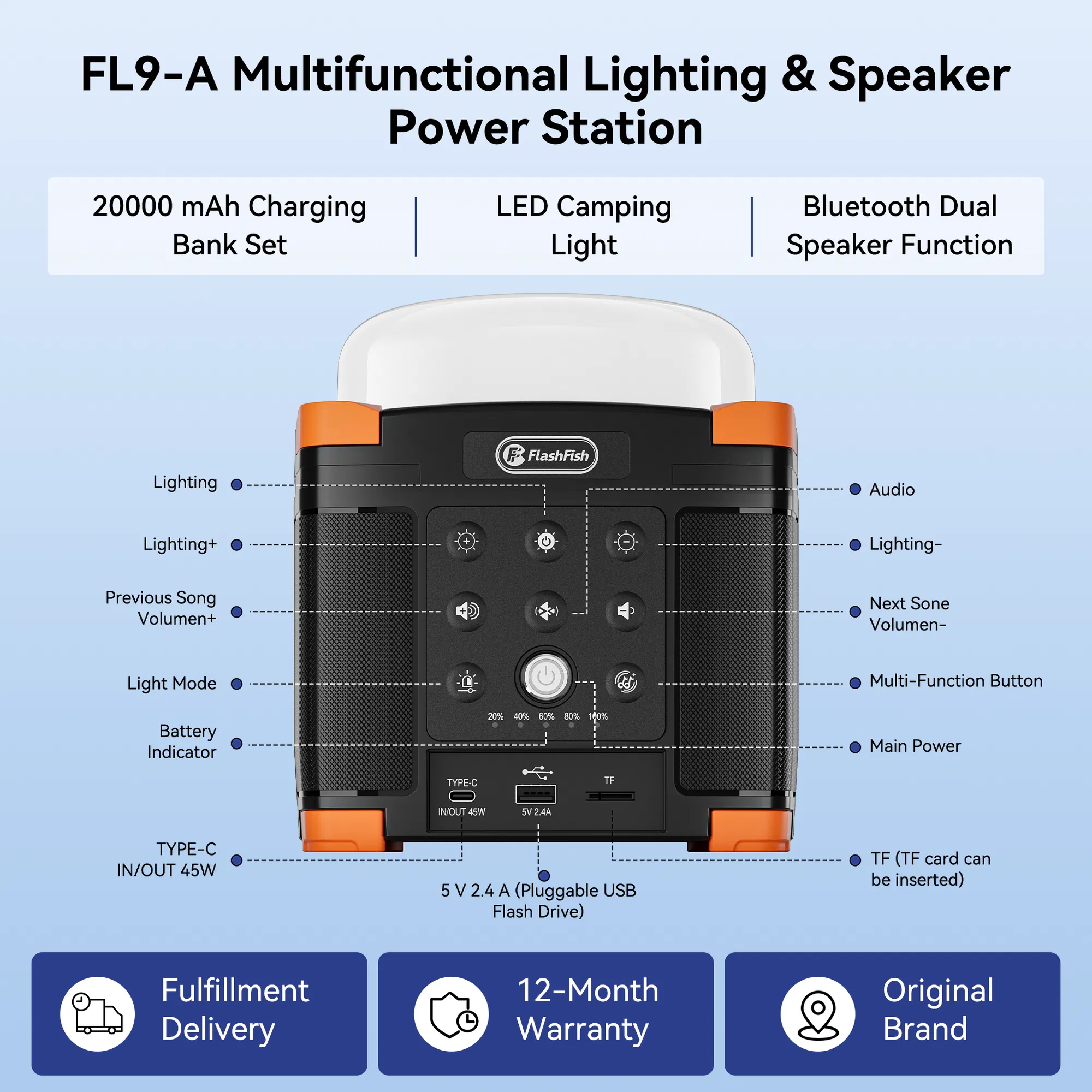 Flashfish FL9-A Multi-function Bluetooth Speaker | 56Wh Power Bank | Camping Light, 360°