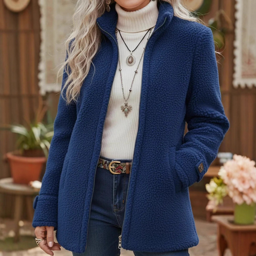 Fleece-Jacke mit Reißverschluss für Damen, Stehkragen, einfarbig, lockere Passform, lässig, lange Ärmel