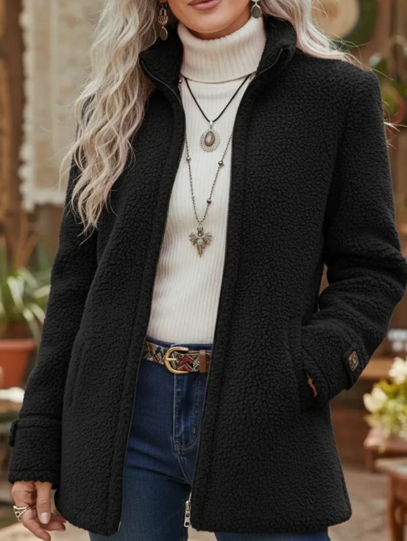 Fleece-Jacke mit Reißverschluss für Damen, Stehkragen, einfarbig, lockere Passform, lässig, lange Ärmel