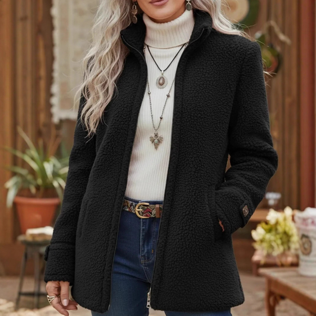 Fleece-Jacke mit Reißverschluss für Damen, Stehkragen, einfarbig, lockere Passform, lässig, lange Ärmel