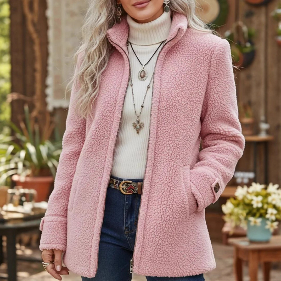 Fleece-Jacke mit Reißverschluss für Damen, Stehkragen, einfarbig, lockere Passform, lässig, lange Ärmel