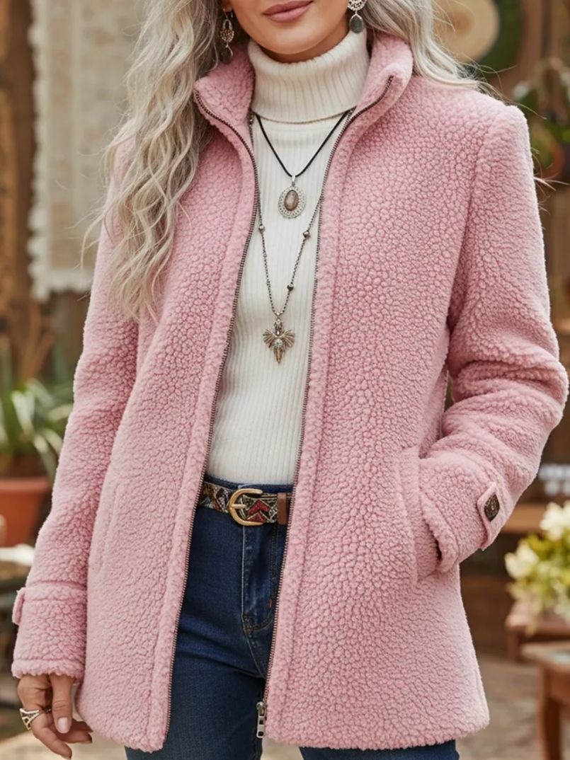 Fleece-Jacke mit Reißverschluss für Damen, Stehkragen, einfarbig, lockere Passform, lässig, lange Ärmel
