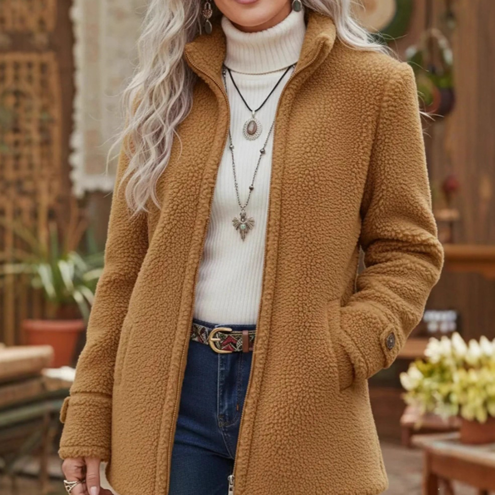 Fleece-Jacke mit Reißverschluss für Damen, Stehkragen, einfarbig, lockere Passform, lässig, lange Ärmel