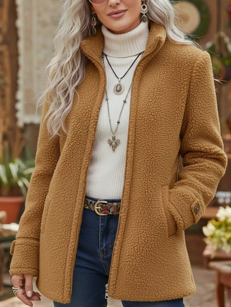 Fleece-Jacke mit Reißverschluss für Damen, Stehkragen, einfarbig, lockere Passform, lässig, lange Ärmel