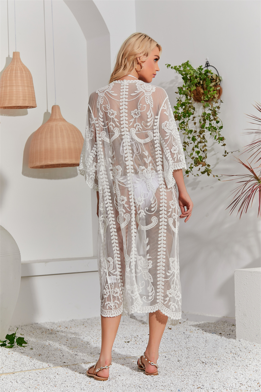 Floral Embroidered Lace Beach Cover Up, Open Front Sun Protection Cardigan, Bikini