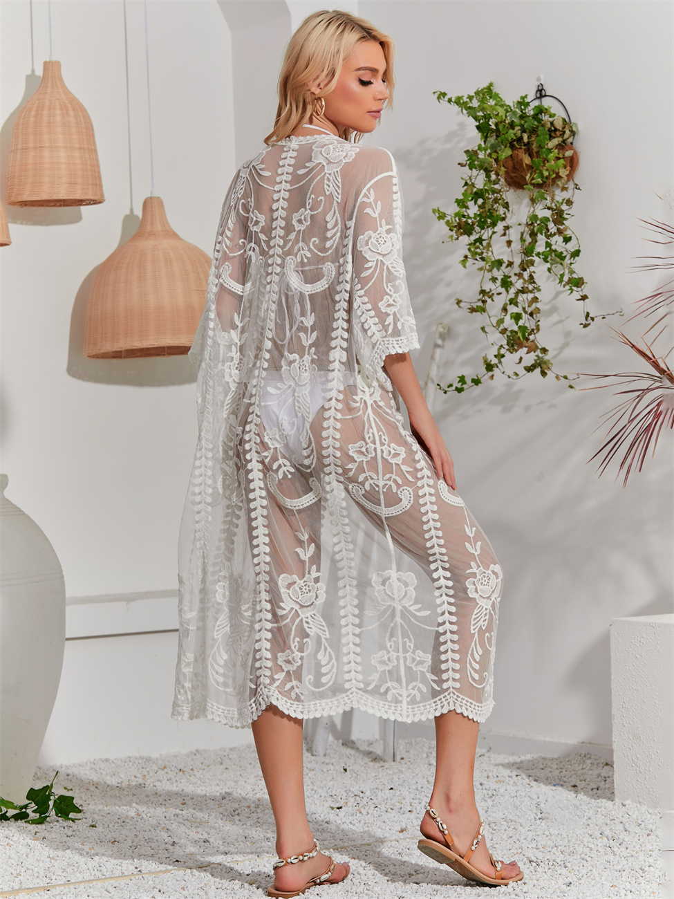 Floral Embroidered Lace Beach Cover Up, Open Front Sun Protection Cardigan, Bikini
