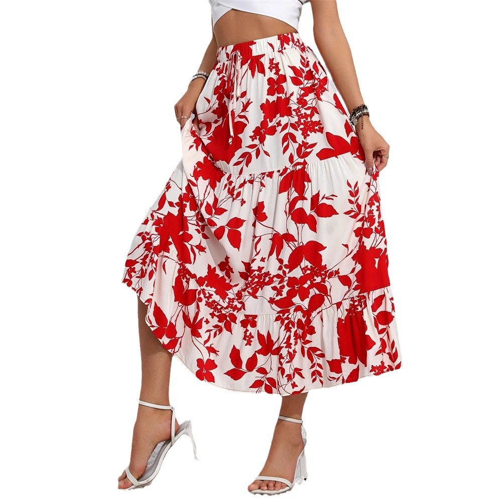 Floral Print Pleated Maxi Skirt Made Of Polyester Non-stretch