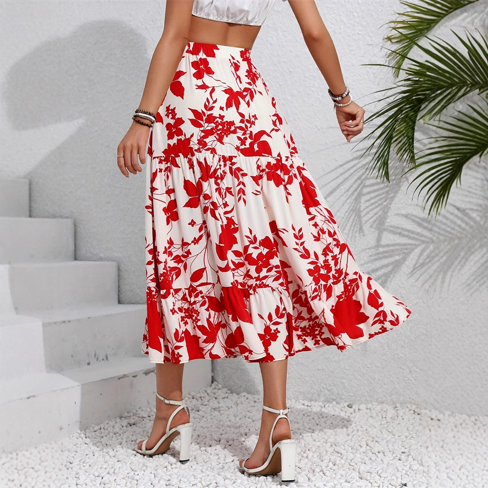Floral Print Pleated Maxi Skirt Made Of Polyester Non-stretch