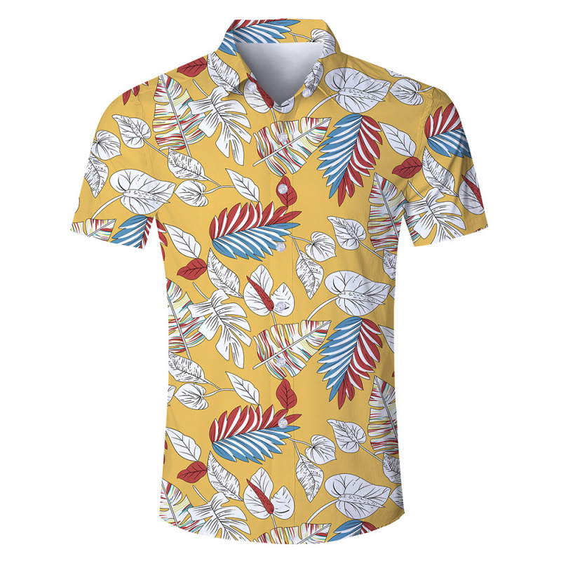 Foreign Trade Hot Casual Lapel Digital Printing Thin Natural Leaves Flower Short Sleeve