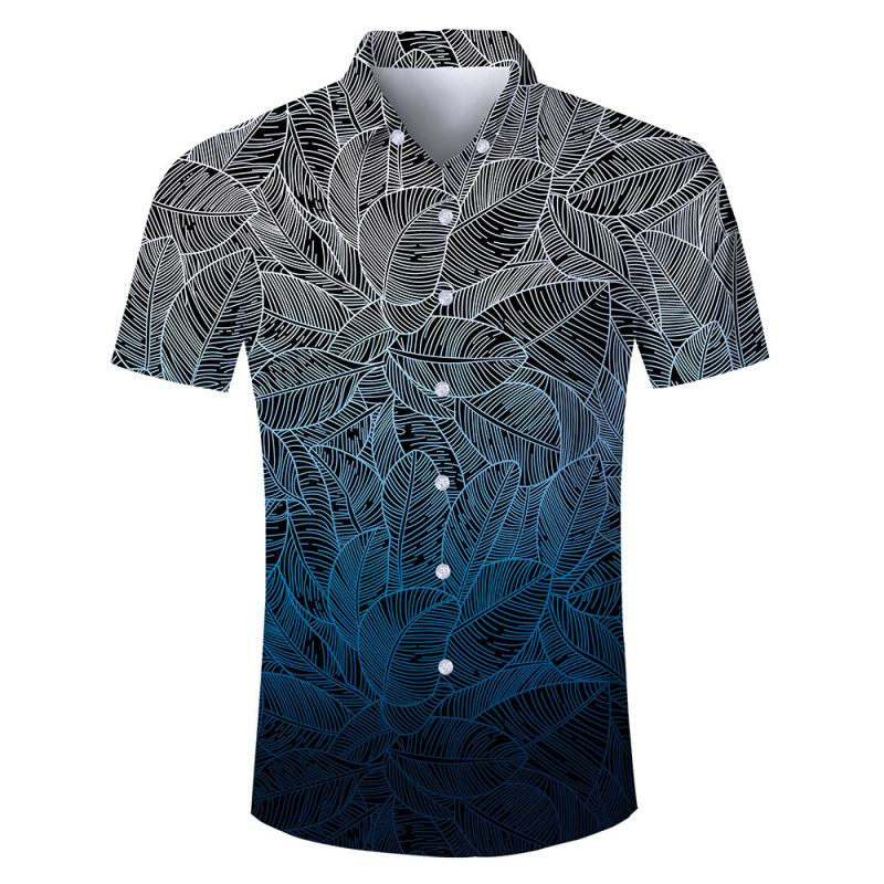 Foreign Trade Hot Casual Lapel Digital Printing Thin Natural Leaves Flower Short Sleeve