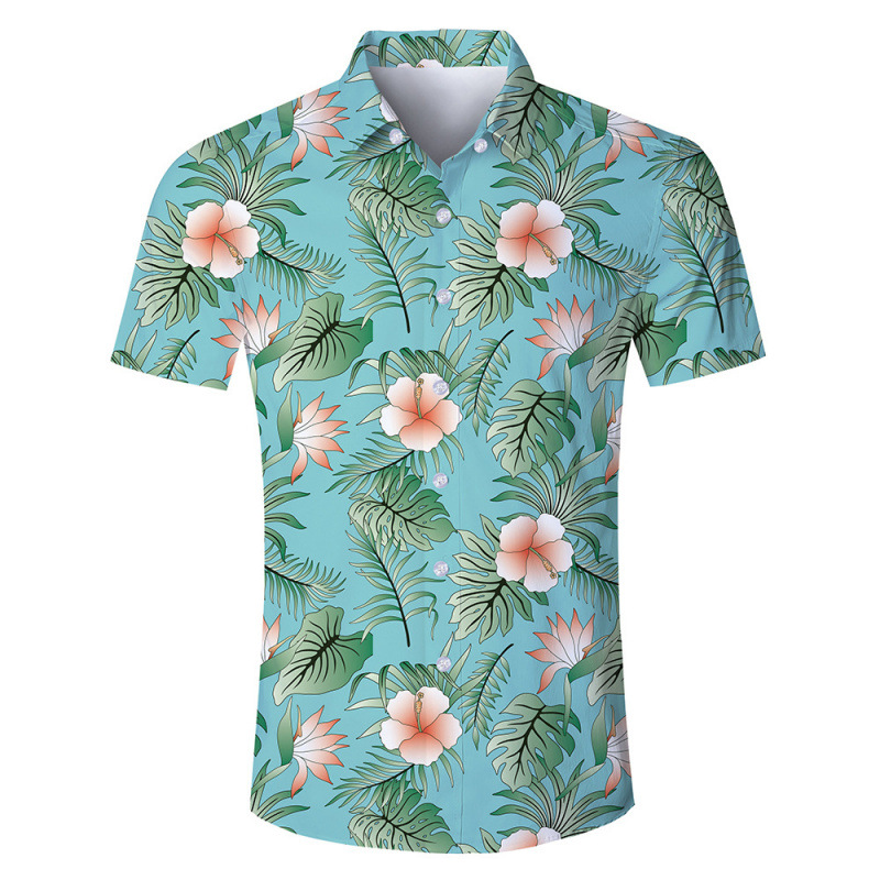 Foreign Trade Hot Casual Lapel Digital Printing Thin Natural Leaves Flower Short Sleeve