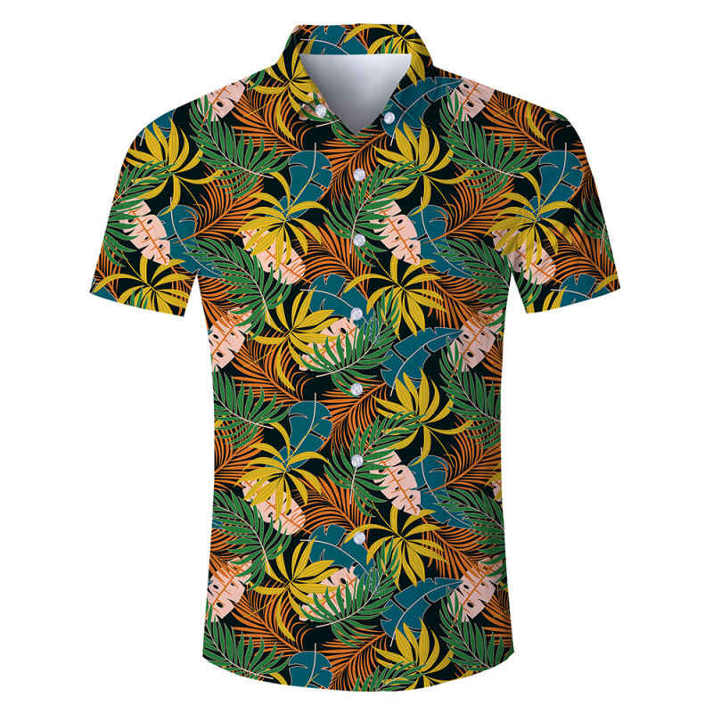 Foreign Trade Hot Casual Lapel Digital Printing Thin Natural Leaves Flower Short Sleeve