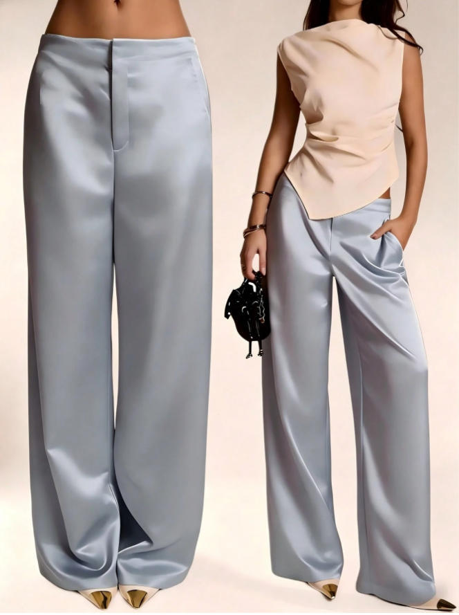 Foreign Trade Women's Clothing, High-End Satin Solid Color Wide-Leg Pants, Drapey Slimming