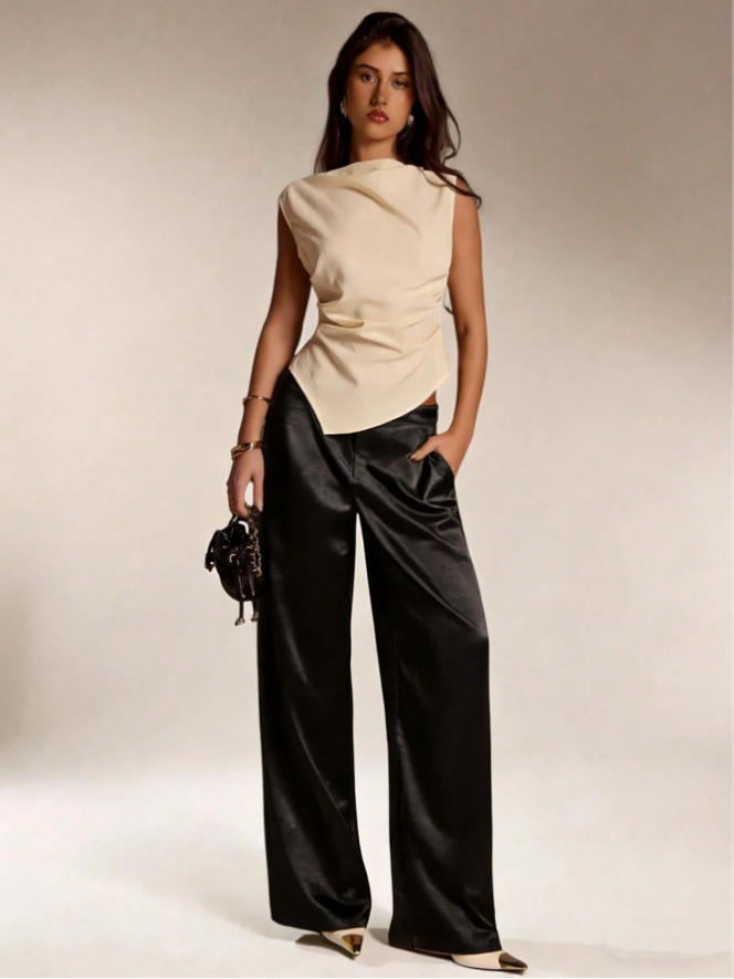 Foreign Trade Women's Clothing, High-End Satin Solid Color Wide-Leg Pants, Drapey Slimming