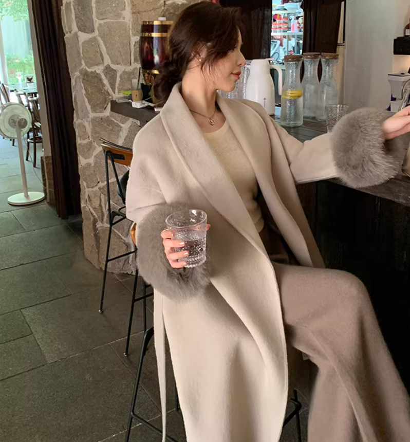 Fox-fur Classic Long Double-faced Pure Wool Coat