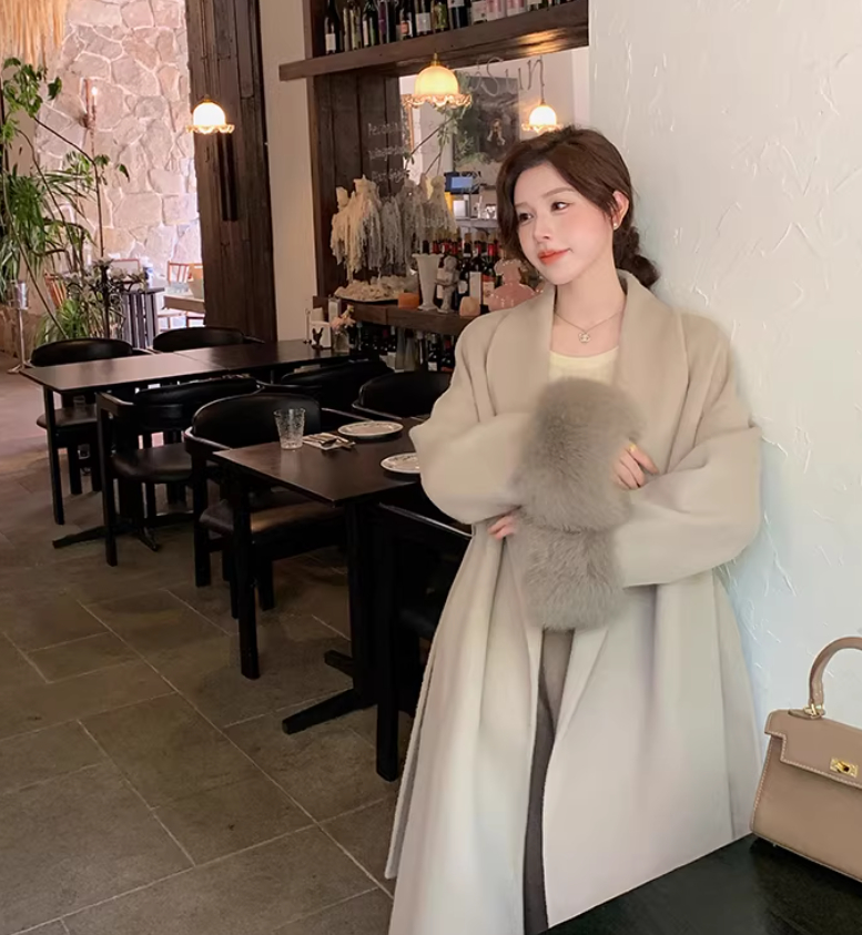 Fox-fur Classic Long Double-faced Pure Wool Coat