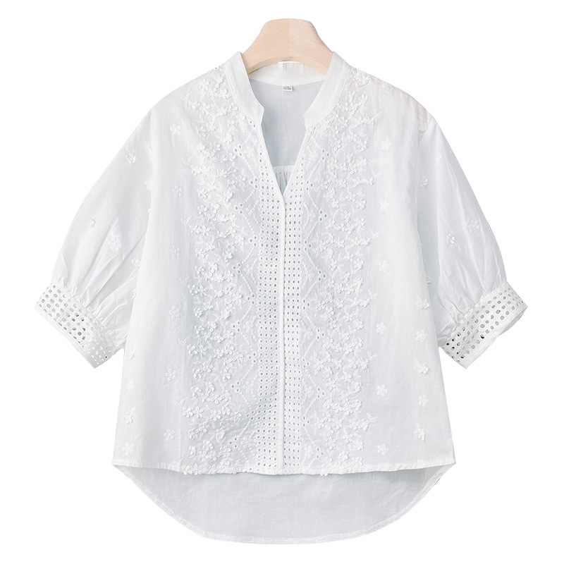 French-style Embroidered Shirt Womens Three-quarter-sleeve Summer Blouse