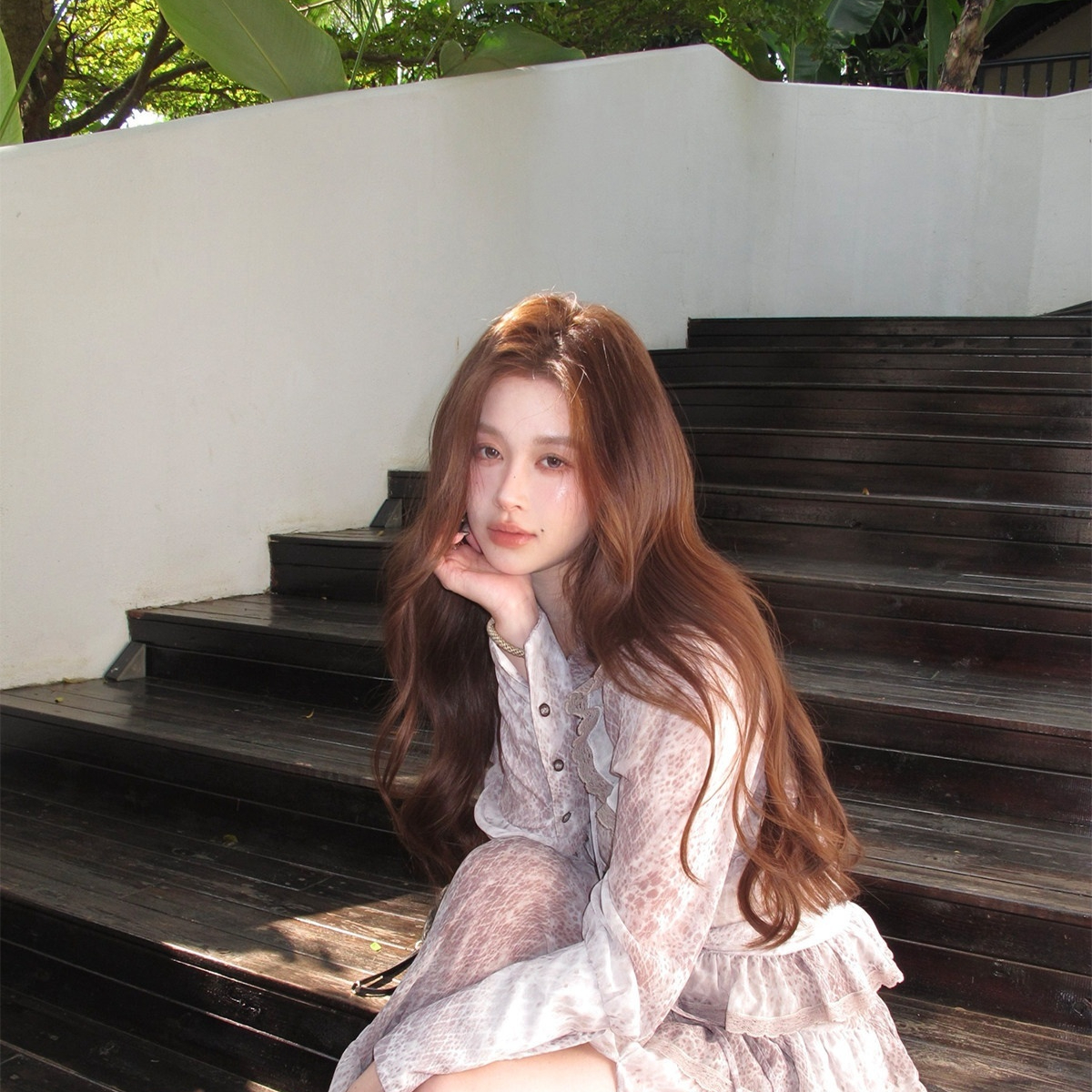 French-style Ruffled Leopard-print Chiffon Blouse Set