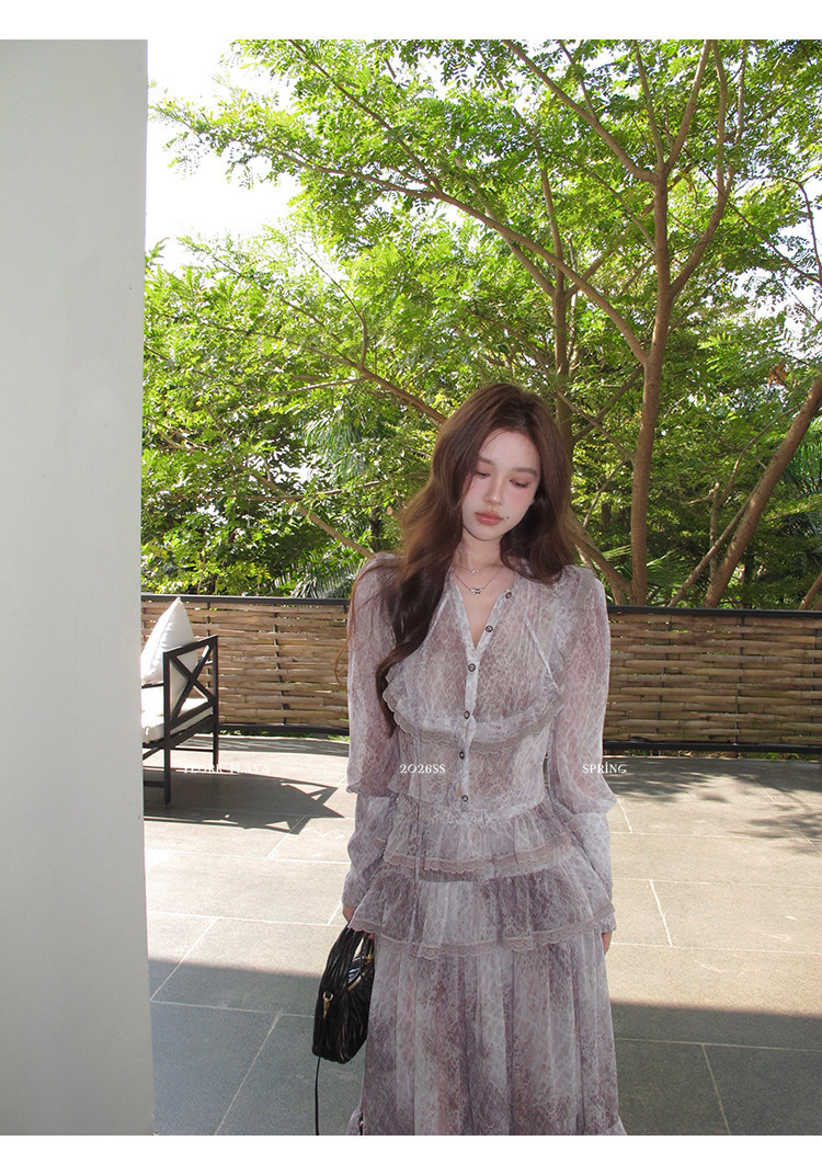 French-style Ruffled Leopard-print Chiffon Blouse Set