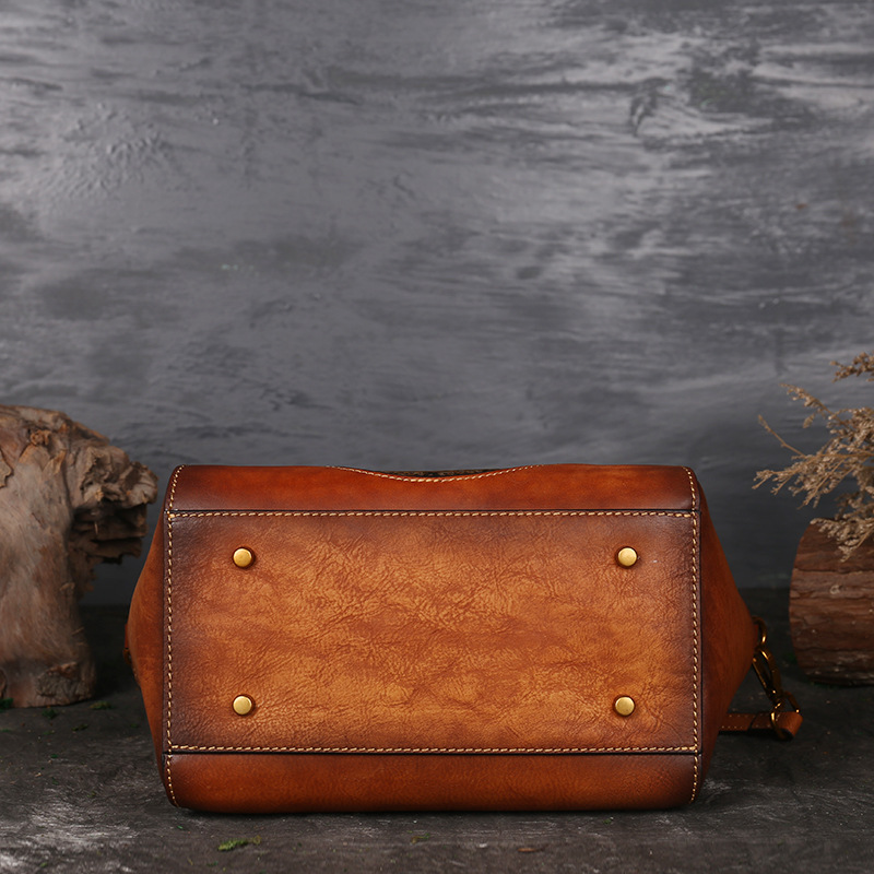 Genuine Embossed Leather Messenger Top Handle Bag Retro Handbag Totem Pattern Natural Skin