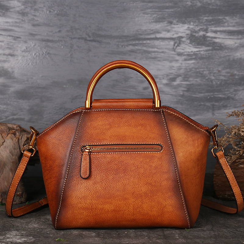 Genuine Embossed Leather Messenger Top Handle Bag Retro Handbag Totem Pattern Natural Skin